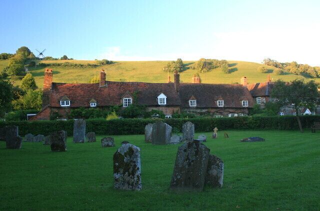 Turville from the churchyard of St Mary's In evening light... The windmill on the horizon had a starring role in "Chitty Chitty Bang Bang"; the village has frequently appeared on TV and in film, notably "The Vicar of Dibley", "The Midsomer Murders" and "Goodnight, Mr Tom".