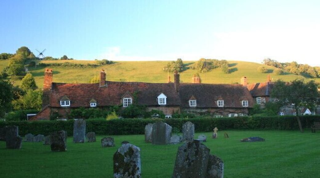 Turville from the churchyard of St Mary's In evening light... The windmill on the horizon had a starring role in "Chitty Chitty Bang Bang"; the village has frequently appeared on TV and in film, notably "The Vicar of Dibley", "The Midsomer Murders" and "Goodnight, Mr Tom".