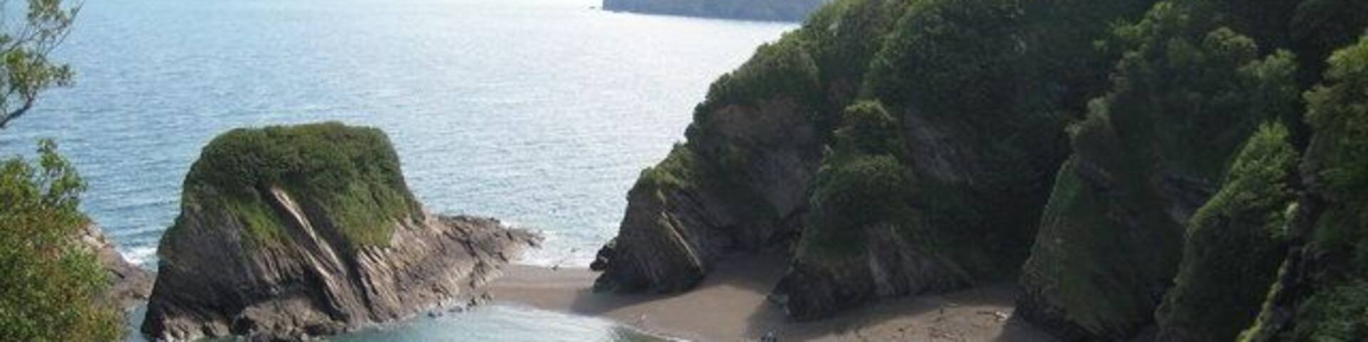 Broadsands viewed from the coast path The sandy beach of Broadsands viewed from the South West Coast Path, Little Hangman and Hangman Point, beyond Combe Martin, can be seen in the background.