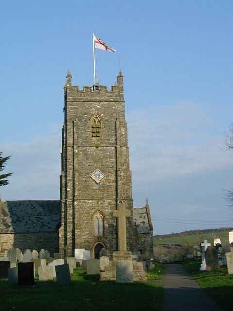 West tower of St Calixtus' parish church, West Down, Devon, late on the afternoon of St George's Day 2006