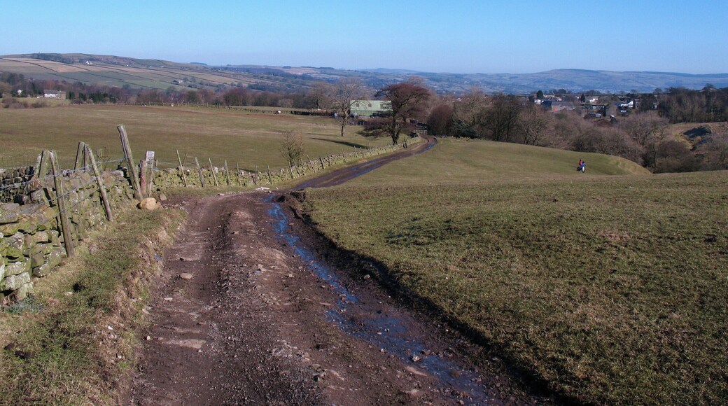 Cinder Hill Lane Farm track along a ridge between two small becks near Cowling.