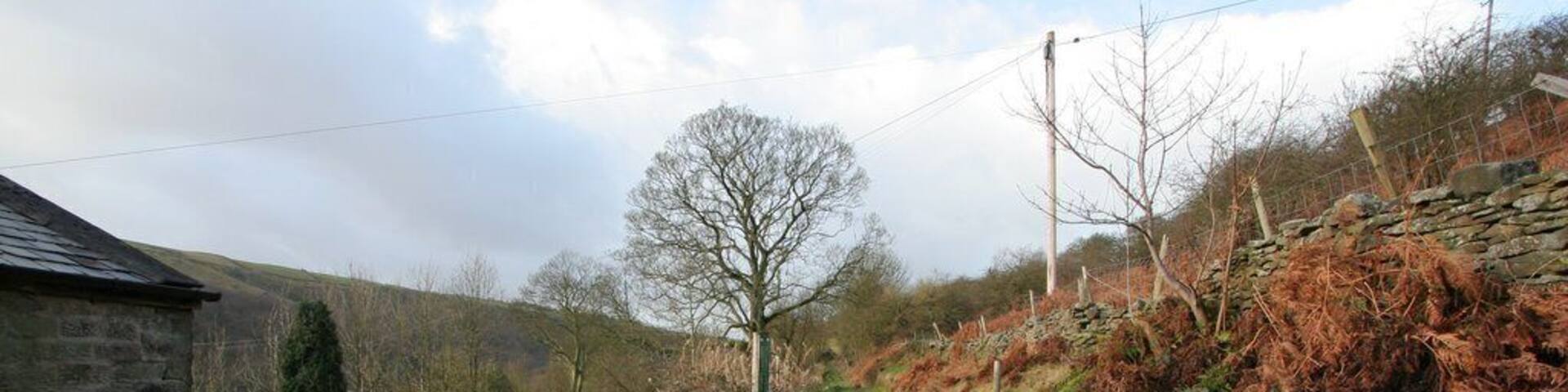 Footpath and Bridleway, Dean Lane, Newsholme Dean A footpath descends to Newsholme Dean to the left while a bridleway follows Dean Lane along the hillside.
