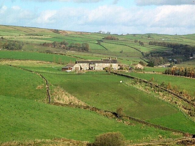 Lower Laithe, near Newsholme. Grade II listed house, seventeenth century with nineteenth century alterations. Seen looking northwards from Slack Lane.