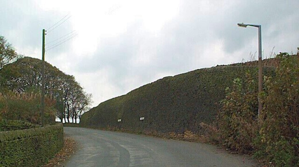 Dry stone retaining wall near Lane End. This sizeable construction is situated outside Lane End on the road to Colne, where Denby Hill Road becomes Hob Cote Lane (the signage can be see at the centre of the photograph).