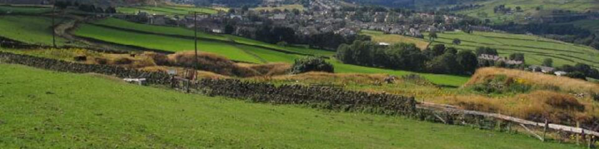 Rolling green hills, a stone wall, and a distant village.