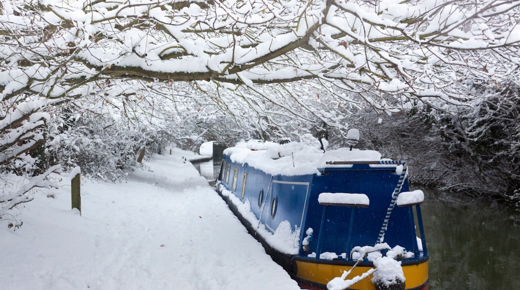 Deep snow lines a canal near Oxford