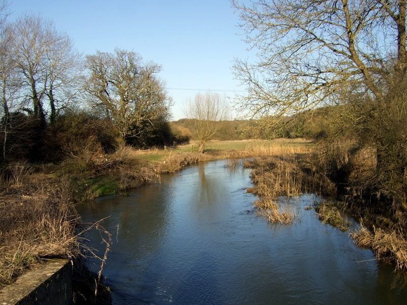 The River Cherwell near Pigeon Lock The river and the canal are intertwined at this point. This is the Cherwell, looking upstream, from the concrete bridge that carries the bridleway to/from Pigeon Lock over the river.