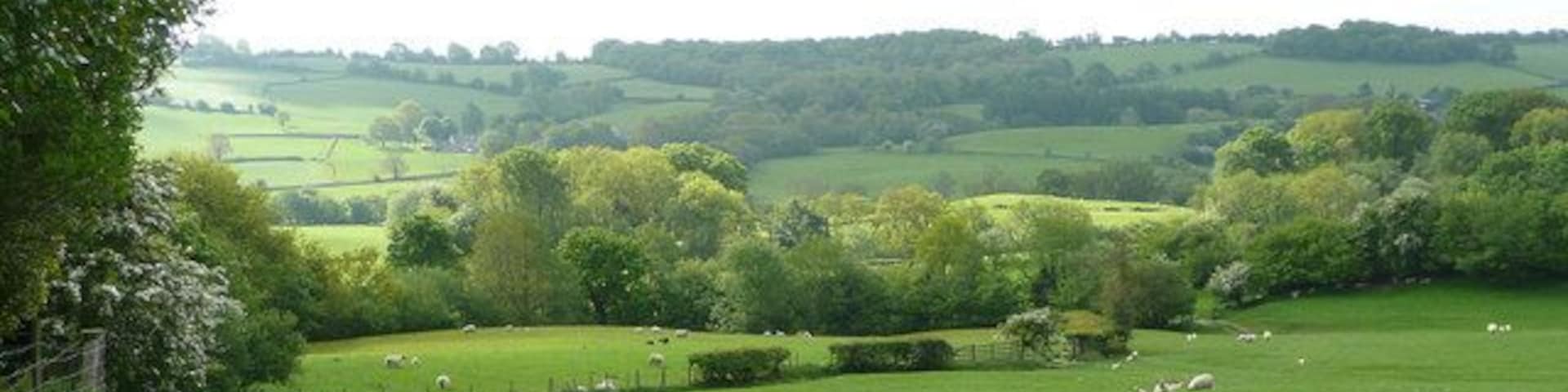 West Herefordshire countryside View south of Middle Hengoed Farm over the Arrow valley to Milton Hill.