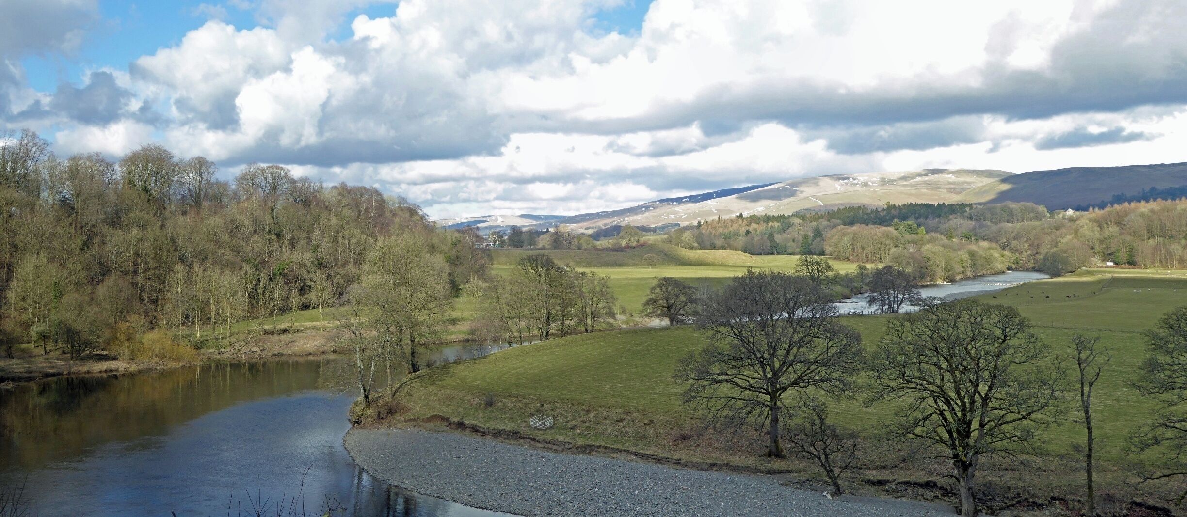 A panorama of Ruskin's View.  This scene depicting the River Lune was painted by Turner.  It is now called Ruskin's View after John Ruskin an influential English critic, social theorist, painter and poet, who was so impressed by the picture, that he was inspired to eulogise: ‘I do not know in all my own country, still less in France or Italy, a place more naturally divine’
