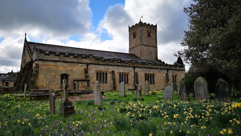 A historic church with a tall tower and a cemetery with headstones and daffodils.