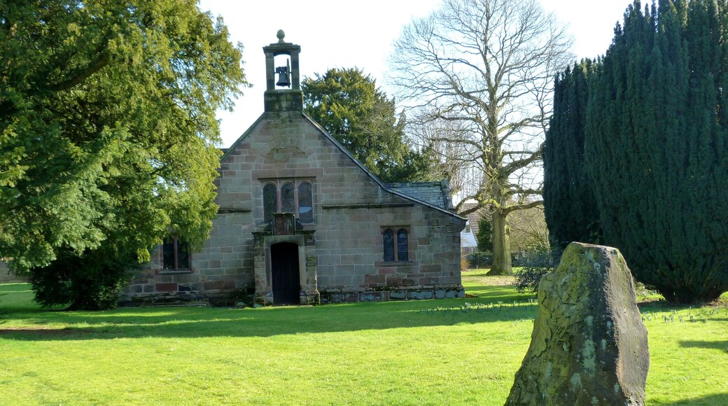 Chapel of the Blessed Virgin Mary, Pheasant Walk, High Legh, Cheshire, seen from the west. In the foreground is the High Legh Millennium Stone, installed in 2000.