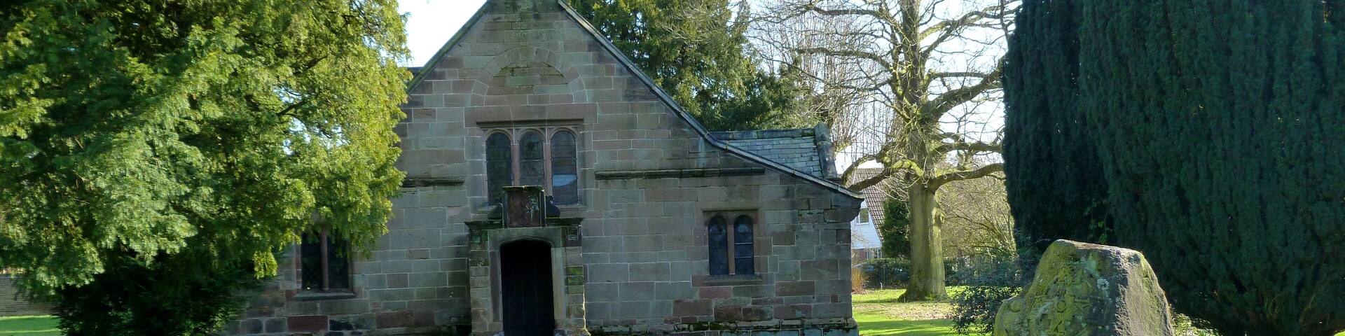 Chapel of the Blessed Virgin Mary, Pheasant Walk, High Legh, Cheshire, seen from the west. In the foreground is the High Legh Millennium Stone, installed in 2000.