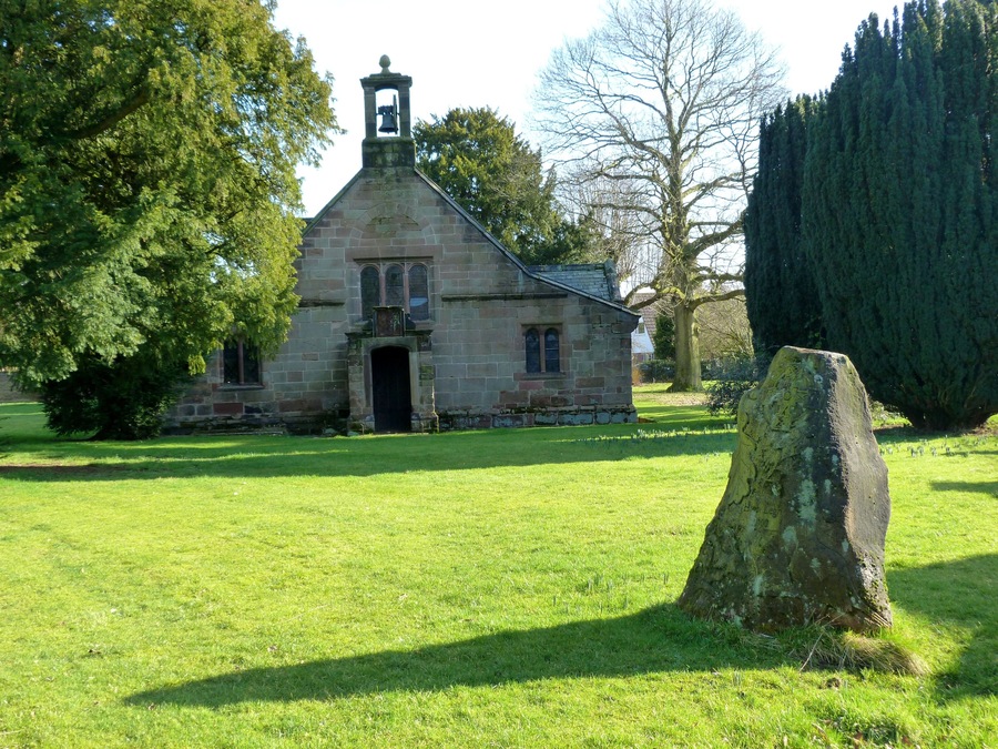 Chapel of the Blessed Virgin Mary, Pheasant Walk, High Legh, Cheshire, seen from the west. In the foreground is the High Legh Millennium Stone, installed in 2000.