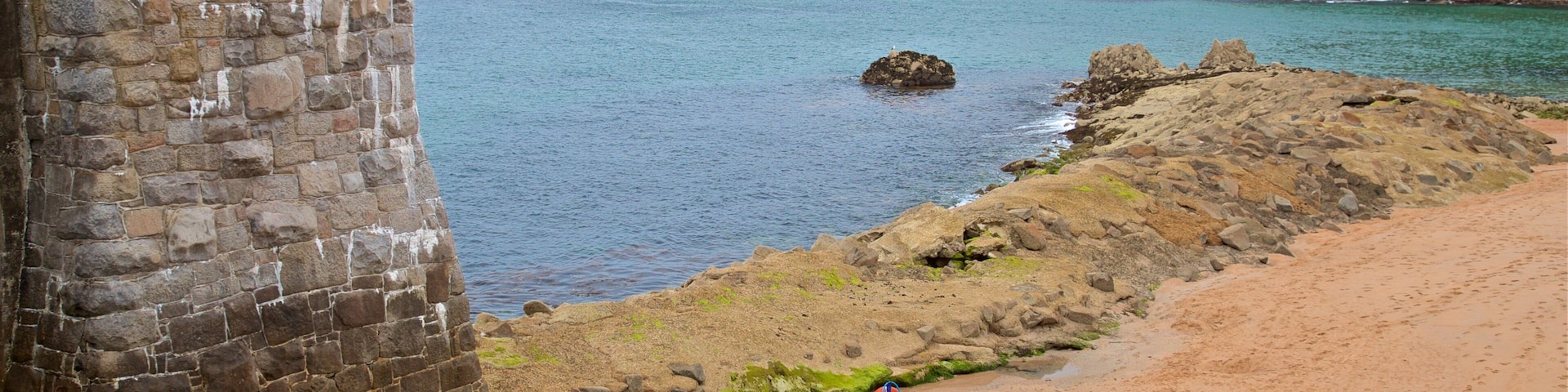 La Greve de Lecq showing general coastal views, a beach and rocky coastline