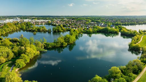 Aerial drone view of .Leybourne Lakes and housing estate, Aylesford, Kent, England