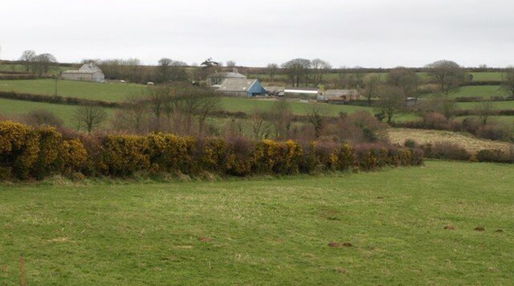 Trevenn The farm, and its cottage to the left, seen from the lane to St Clether across a tributary valley of the Inny.