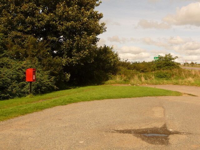 A rural road with a red post box, a grassy verge, and a large tree in the background.