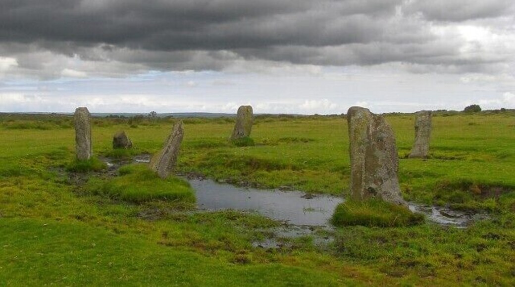 Nine Stones stone circle, East Moor Sometimes called the Nine Stones of Altarnun, although they are far from any settlement, out on the open moor. The surrounding grass shows that the area is heavily grazed, and the deep muddy puddles around the stones were made by the hooves of large herbivores who use the stones as scratching posts - there are few trees out here that could be used in that way.