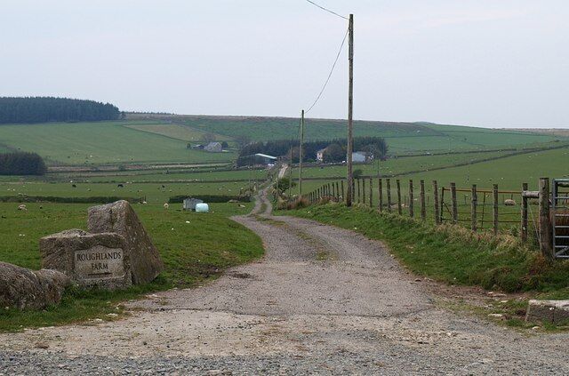 Track to Roughlands Farm One of several farm roads setting off from this point on the edge of the eastern arm of Sprey Moor. The ram, by the group of trees in the centre, straddles the easting gridline. Beyond, in SX1676 and SX1677, are Priddacombe and Priddacombe Downs.