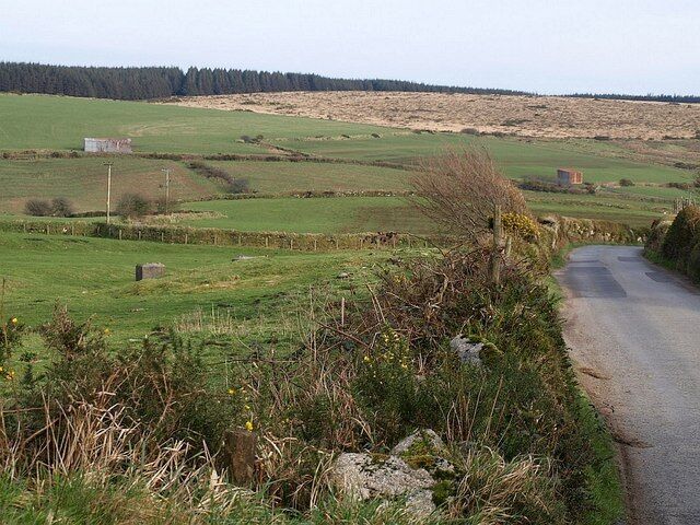 Fowey valley near St Luke's The lane past Dryworks descends towards the valley - it will later run right beside the river for several kilometres. Old field boundaries are on the lower slopes. The left-hand of the corrugated iron barns on the far side is a metre into SX2076. Above it are conifer woods on Smith's Moor.