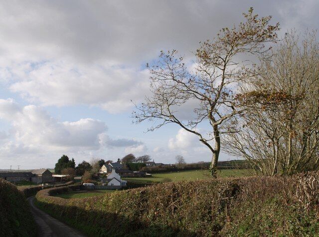 A rural landscape with a winding road, a white house, and a leafless tree.