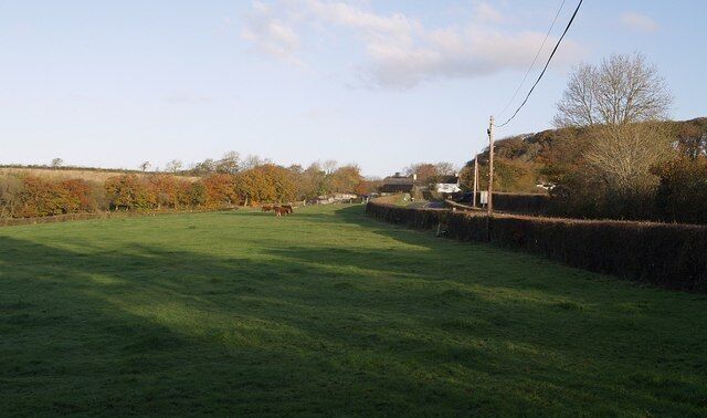 A rural landscape with a green field, a stone wall, and trees with autumn foliage.