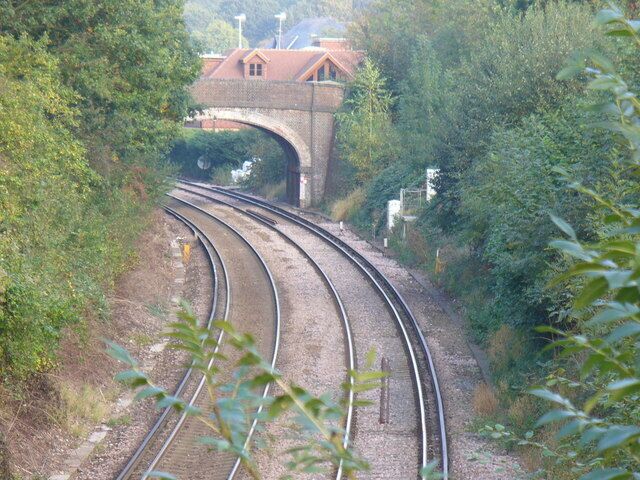 Railway Line West of Bookham This is the Effingham - Leatherhead line, looking eastwards towards the Little Bookham Street bridge.