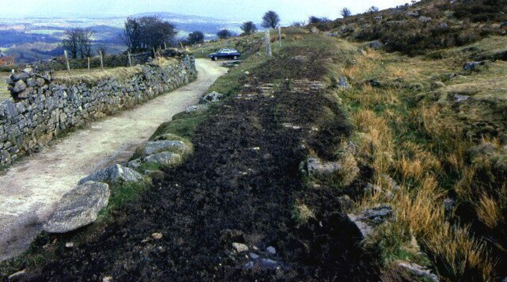 Former railway trackbed, Sharptor. Section of the trackbed of the former mineral railway at Sharptor, north of the Cheesewring. The trackbed forms the enlarged level right hand bank of the road/track here for a short length, looking south east. The railway was extended to serve former quarries and potential mines on east Bodmin Moor. The line split just west of this point. One branch extended to Kilmar Tor quarry SX248747, the other headed up the Withy Brook into Smallacombe Downs where further extension was abandoned.