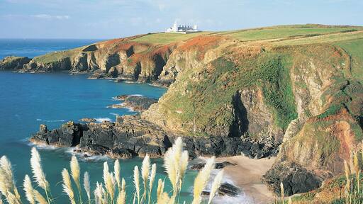 Lizard Peninsula, Lighthouse in background, Cornwall, UK