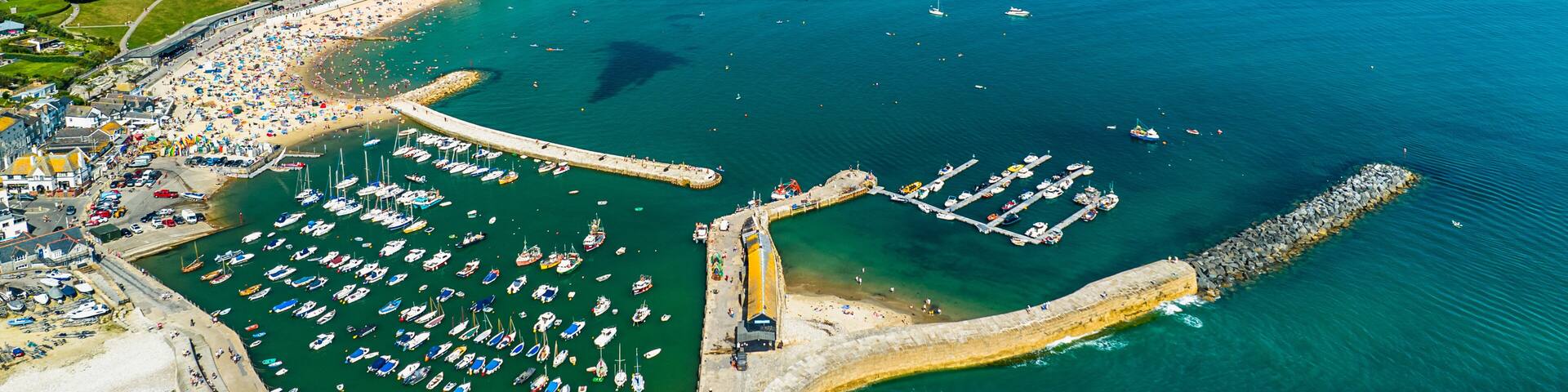 Lyme Regis from a drone, Jurassic Coast, Dorset, England, Europe