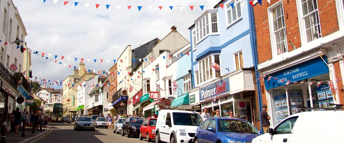 A street lined with shops and cars, with bunting overhead.