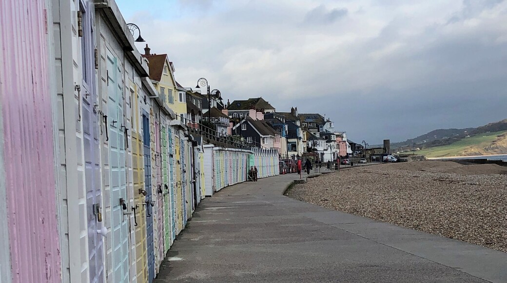 The pretty ice cream colours of the beach huts along Lyme Regis Beach.