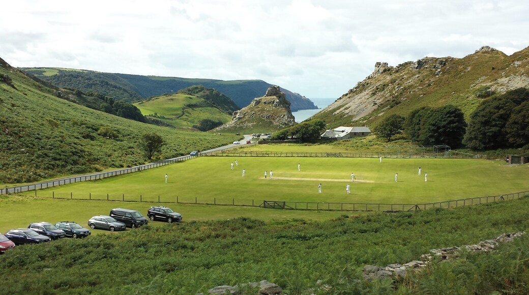 A cricket match in progress on the Lynton and Lynmouth cricket ground in the Valley of the Rocks