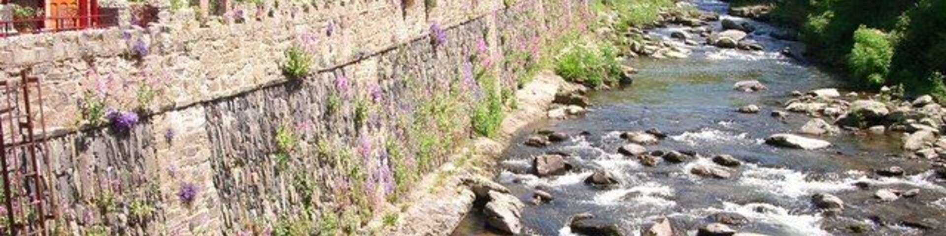 Un río con rocas, un muro de piedra con flores y edificios a lo largo de la orilla.