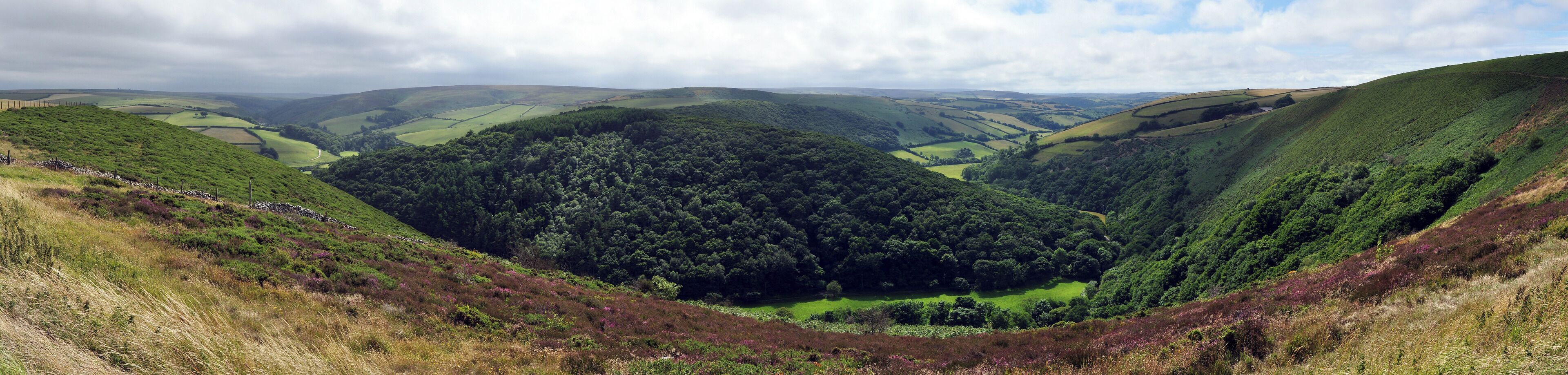 View across the East Lyn valley from County Gate on Exmoor. The far bank of the river is in Devon as is the nearside to the West (right) of the image. The eastern edge of the view is in Somerset.