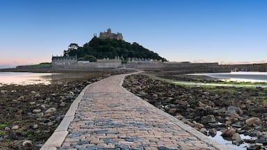 A cobblestone path leading to a castle on a rocky coastline.