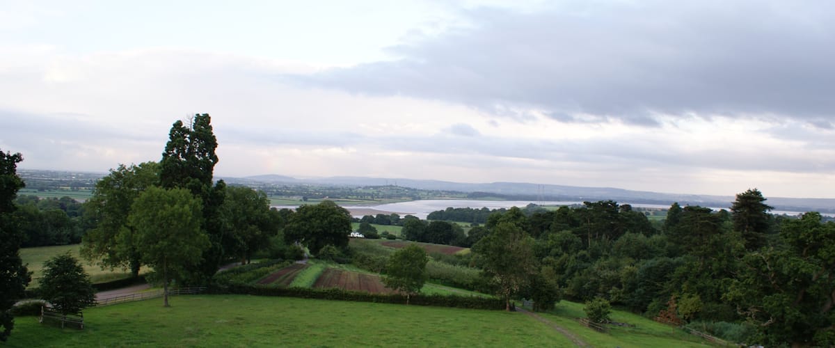 Un campo verde exuberante con un lago distante y colinas ondulantes.