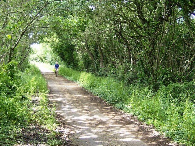 A narrow, tree-lined path with a cyclist in the distance.