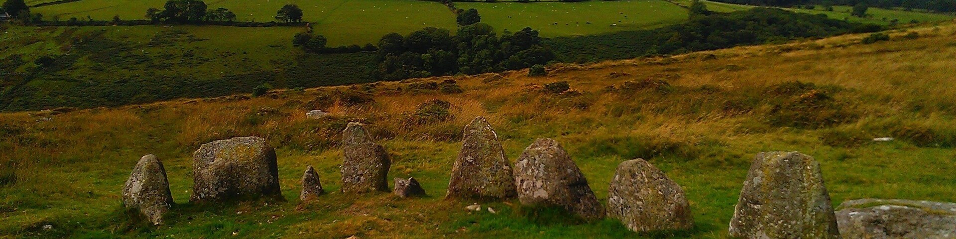 The Nine Stones circle, a ring cairn on Belstone Common near to the village of Belstone in Dartmoor, Devon. This image includes the megaliths of the circle's western side, taken from the centre of the circle.