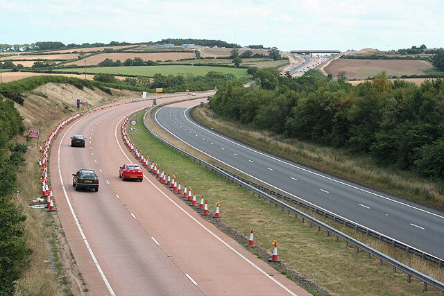 Spreyton: the A30 approaching Whiddon Down. Looking east-south-east. Work on the junction improvement at Whiddon Down was continuing in July 2006