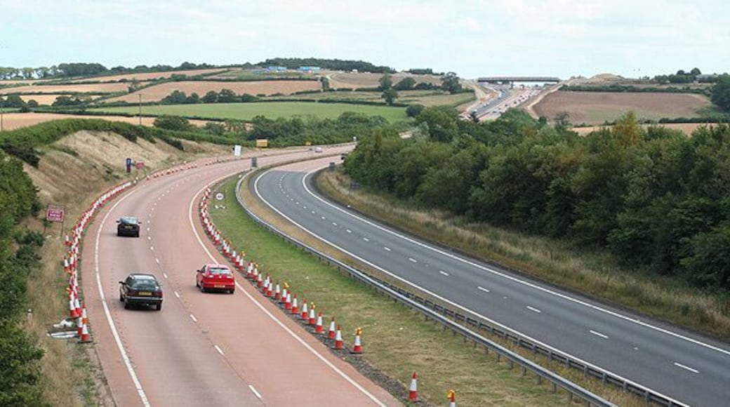 Spreyton: the A30 approaching Whiddon Down. Looking east-south-east. Work on the junction improvement at Whiddon Down was continuing in July 2006