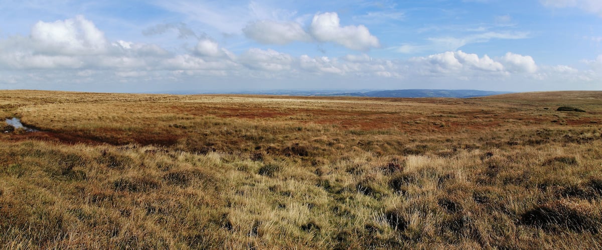 A vast, open landscape with rolling hills and a small stream.