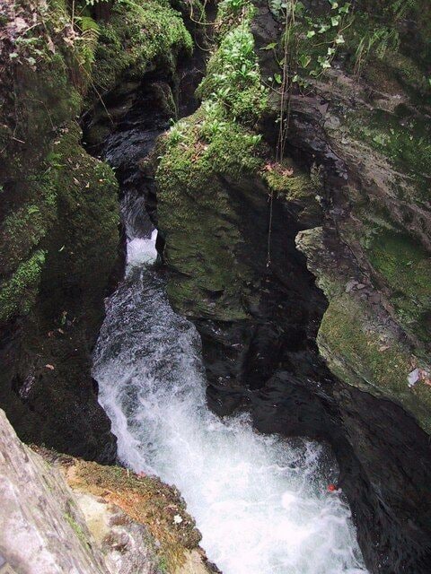 Uma cachoeira em meio à vegetação densa e pedras.