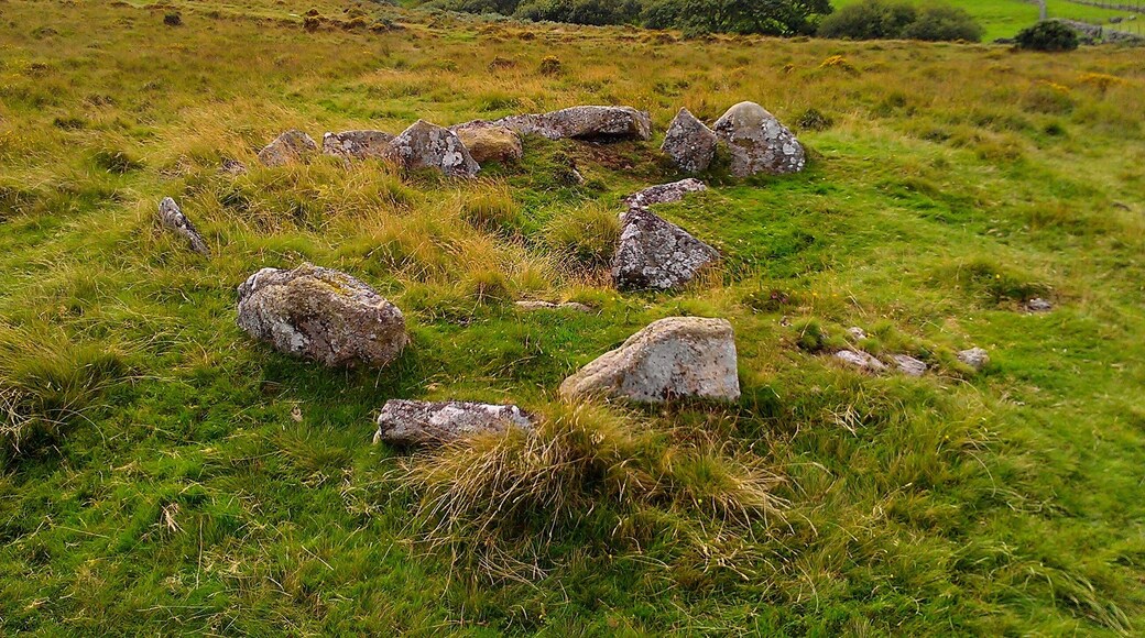 The Bronze Age cairn circle near to Cullever Steps, east of the East Okement River and west of Belstone Tor, near to the village of Belstone in Dartmoor, Devon. In this image, taken from the east of the circle, the river valley can be seen in the background.