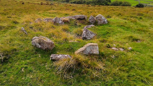 The Bronze Age cairn circle near to Cullever Steps, east of the East Okement River and west of Belstone Tor, near to the village of Belstone in Dartmoor, Devon. In this image, taken from the east of the circle, the river valley can be seen in the background.