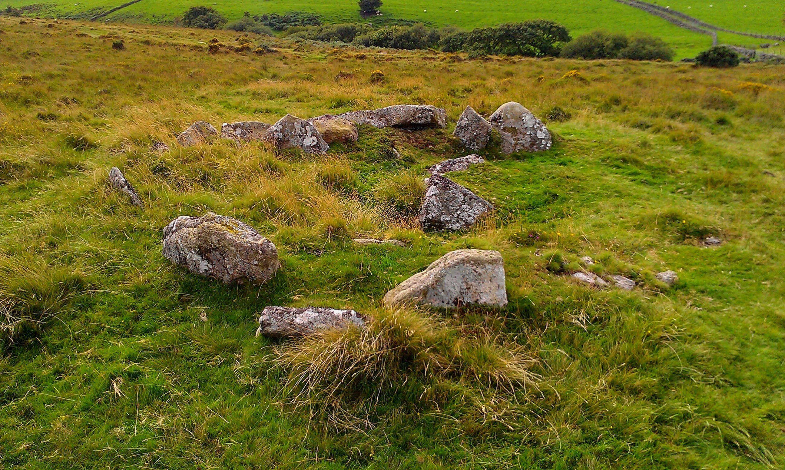 A grassy field with several large rocks scattered across it.