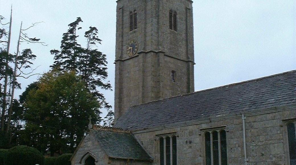 West tower and south porch of St Mary the Blesséd Virgin parish church, Exbourne, Devon, seen from the southeast