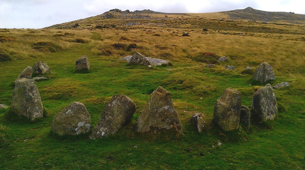 The Nine Stones circle, a ring cairn on Belstone Common near to the village of Belstone in Dartmoor, Devon. This image was taken facing a south-easterly direction, with Belstone Tor in the background.