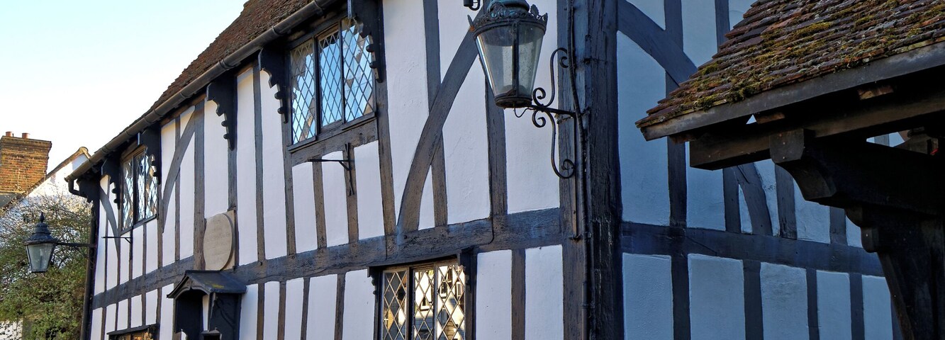 A Grade II listed c.1600 timber framed private residence, previously the Stafford almshouses for two poor widows of the parish, and before that the schoolmaster's house for Churchgate School, in Churchgate Street, Harlow, Essex, England. Churchgate Street is an ancient village, which was in the old parish of Harlow, in Essex England. It lies within, and at the northwest of, today's town of Harlow, and conjoined to an area known as Old Harlow. Camera: Canon EOS 6D with Canon EF 24-105mm F4L IS USM lens. Software: large RAW file lens-corrected, optimized and downsized with DxO OpticsPro 11 Elite, Viewpoint 2, and Adobe Photoshop CS2.