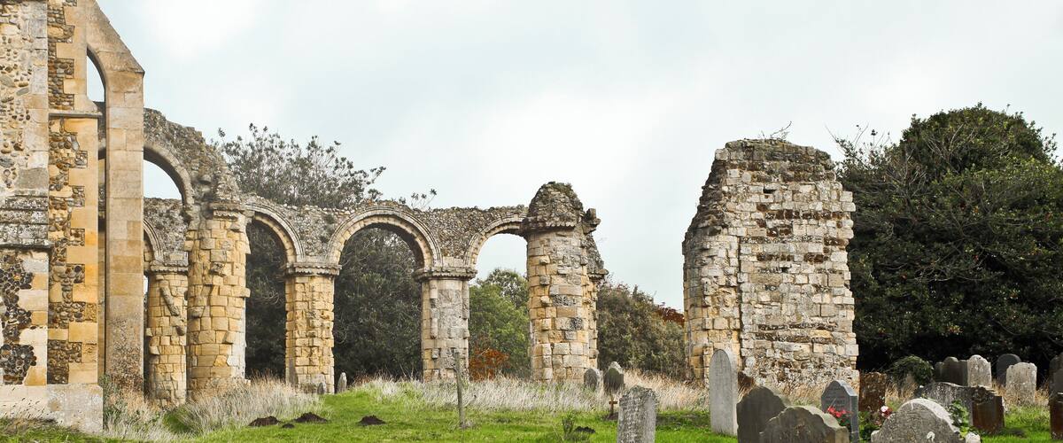 Church of St Bartholomew, the ruined chancel, late Norman, 12th century. Orford, Suffolk.